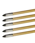 Five arrows with glue on field points for archery target practice, beefy stainless steel build, 8mm inner diameter 9mm outer, on white background