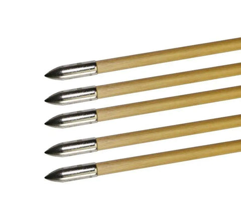 Five arrows with glue on field points for archery target practice, beefy stainless steel build, 8mm inner diameter 9mm outer, on white background