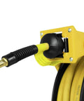 Double Arm Air Hose Reel With Three Eighths Inch By Fifty Feet Premium Rubber Hose Retractable Steel Construction Heavy Duty Build For Pro Grade Jobsite Air Tool Setup close-up showing hose outlet