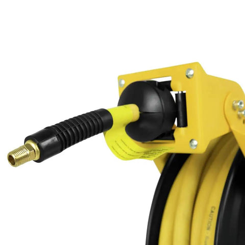 Double Arm Air Hose Reel With Three Eighths Inch By Fifty Feet Premium Rubber Hose Retractable Steel Construction Heavy Duty Build For Pro Grade Jobsite Air Tool Setup close-up showing hose outlet