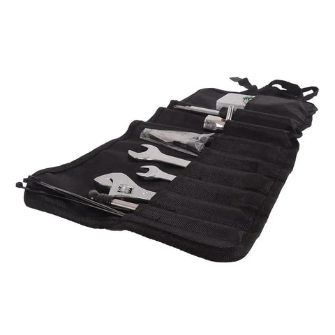 12 Piece All In One Universal Compact Repair Tool Kit with tire pen, wrench, screwdrivers in black roll-up pouch for Metric Japanese Motors