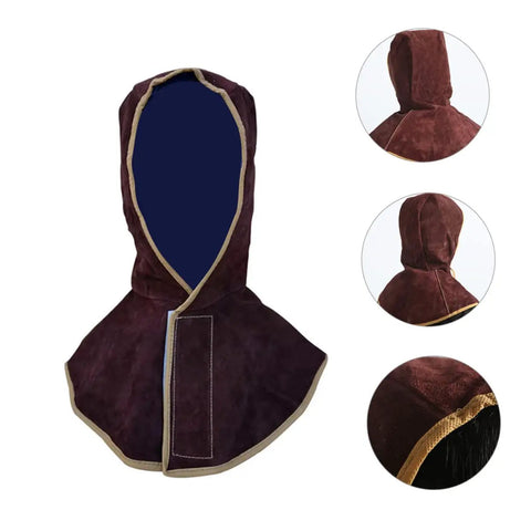Five Pack Cowhide Welding Hood Cap And Neck Drape For Welders And Metalworkers shown from front and side view details.