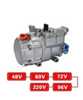 Universal DC Electric AC Compressor With 18cc Displacement And Flexible Voltage Options, showcasing ports for 48V, 60V, 72V, 220V, 96V.