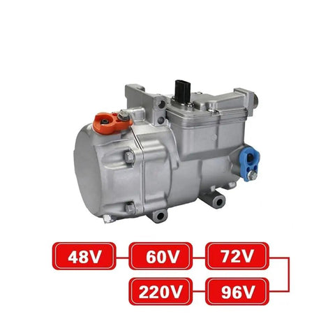 Universal DC Electric AC Compressor With 18cc Displacement And Flexible Voltage Options, showcasing ports for 48V, 60V, 72V, 220V, 96V.