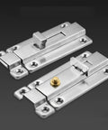 Stainless Steel Automatic Spring Safety Lock Door Latch for Bathroom, showing two silver latches with brass accents.