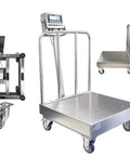 Commercial Grade Stainless Steel Washdown Bench Scale With Smooth Rolling Casters And Sturdy Back Rail showing digital display and mobile base.