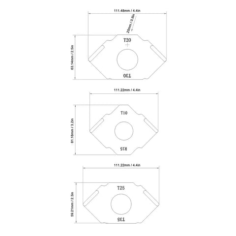 Detailed diagram of Heavy Duty Aluminum Alloy Radius Jig Router Templates 3 Piece Pack T10 T20 T25 dimensions and layout.