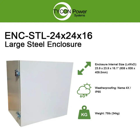 Heavy Duty Powder Coat Steel Enclosure With Nema 4X Sealing Locks Down Tight Includes Three Sleek Cable Ports And Comes With An Included Pole Mount Bracket Ready To Roll Outdoors Today, large steel enclosure shown at angle.