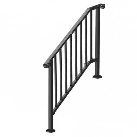 Tough As Nails Outdoor Stair Handrail Kit For Three To Four Steps Featuring Rust Proof Iron Railings, glossy black railing with retro curves.