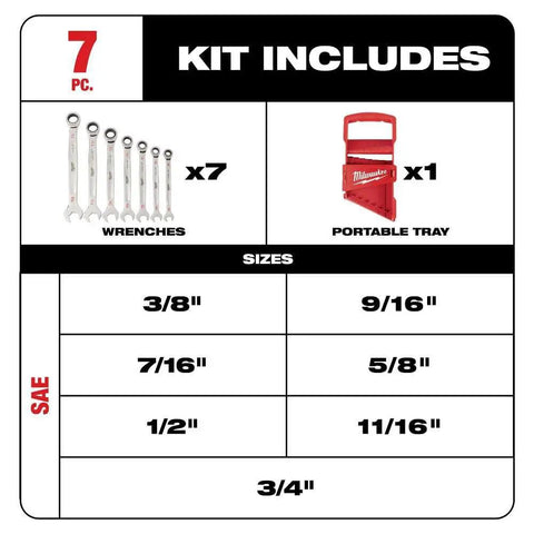 7 Piece Ratcheting SAE Wrench Set In Tough Polycarbonate Case Delivers Smooth Mechanical Ratcheting Action kit size chart