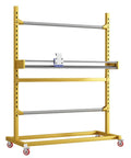 Vertical Bubble Wrap Roll Dispenser Freestanding Packing Stand for Moving and Shipping, yellow galvanized frame with wheels.