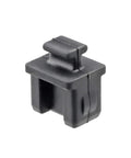 Black SFP silicone port cover cap with top tab, 0.55 × 0.47 × 0.67 in