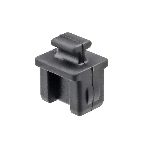 Black SFP silicone port cover cap with top tab, 0.55 × 0.47 × 0.67 in