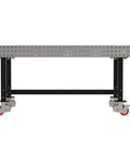 Boss Grade Heavy Duty Welding Fixture Table With Precision Laser Cut Hole Grid And Sweet Rolling Non Marking Casters 72 By 36 By 36 Inch, side view with holes and casters.