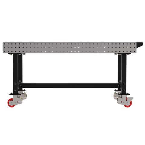 Boss Grade Heavy Duty Welding Fixture Table With Precision Laser Cut Hole Grid And Sweet Rolling Non Marking Casters 72 By 36 By 36 Inch, side view with holes and casters.