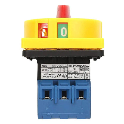 Front view of Rotary Cam Changeover Switch 3 Pole 2 Position Load Circuit Breaker On Off Power Switch 25 Amp with finger guard