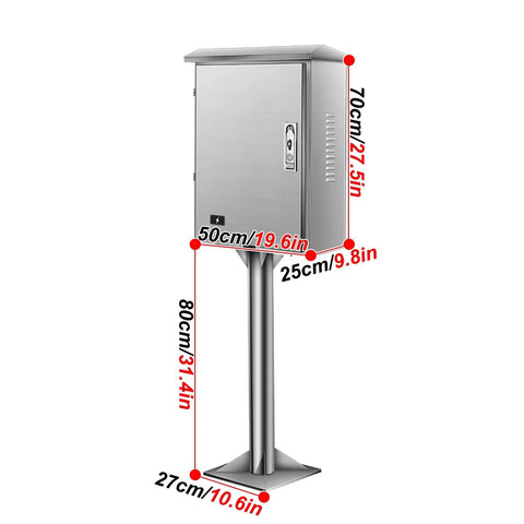 Heavy Duty Electric Vehicle Charger Protection Box And All Season Charging Station Cover Built Tough From Rust Free Stainless Steel Large Outdoor Pedestal with dimensions showcased.