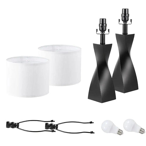Two Pack Black Table Lamps With White Linen Shades For Bedroom And Living Room End Tables Set Of 2, Easy Three Minute Assembly, 9.5W LED Bulbs Included, Warm Cozy Nightstand Lighting components