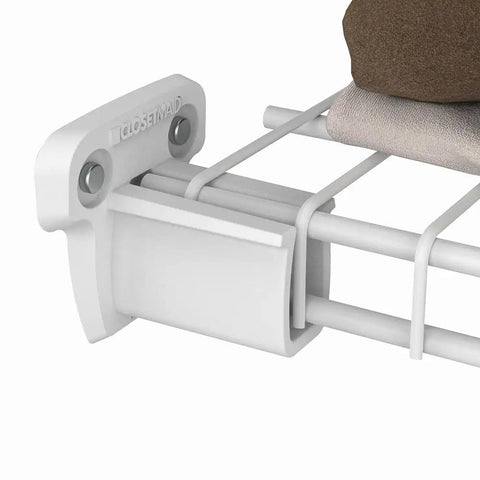 Low-Profile Wire Shelf Brackets With Anchors, 2.75-Inch Side Wall Supports installed on wire shelving in a closet