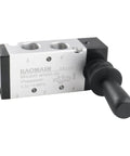 Manual Hand Lever 5 Way 2 Position Pneumatic Valve With G3/8 Inlet and 3/8PT Ports, black lever, metal housing, side view image.