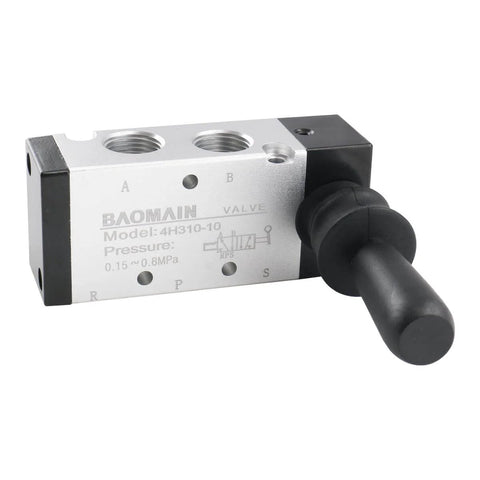 Manual Hand Lever 5 Way 2 Position Pneumatic Valve With G3/8 Inlet and 3/8PT Ports, black lever, metal housing, side view image.