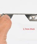 Side view of 8 Pack Sturdy Corner Braces For Wood Shelves And Furniture, showing 1.7mm thick stainless steel material with holes.