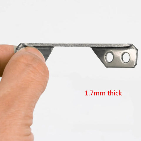 Side view of 8 Pack Sturdy Corner Braces For Wood Shelves And Furniture, showing 1.7mm thick stainless steel material with holes.