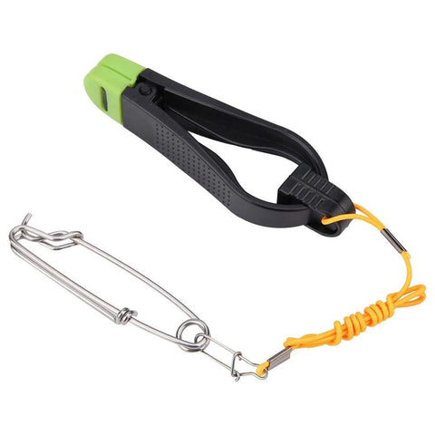 Power Grip Board Mast Release Snap Clip Clamp; fishing line holder, black ABS body with green end cap and orange tether