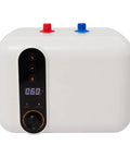 2.6 Gallon Electric Mini Tank Water Heater Equipped With Solid Stainless Steel Core For Compact Under Sink Placement Quick Warm Water Relief In Kitchens Or Rvs Featuring No Sweat Setup And Plug And Play Wiring, front view with temperature display.