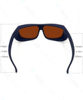 Professional Laser Safety Glasses Featuring Straight Fire OD 4 Plus Coverage From 190 To 1100 Nm Wavelengths front view with dimensions.