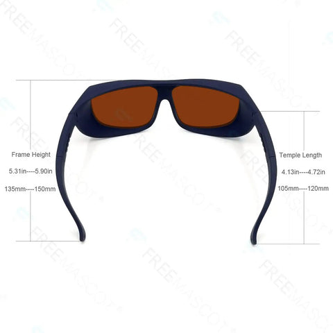 Professional Laser Safety Glasses Featuring Straight Fire OD 4 Plus Coverage From 190 To 1100 Nm Wavelengths front view with dimensions.