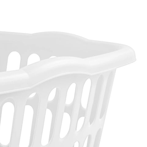 Close-up of a white heavy-duty plastic hamper showing the top edge and vented design, part of a 12 Pack Rectangular Laundry Basket With Handles, Heavy Duty Plastic Hamper, 1.5 Bushel Capacity, White Laundry Organizer For Bedroom Bathroom And Closet, BPA Free And Snag Proof Interior.