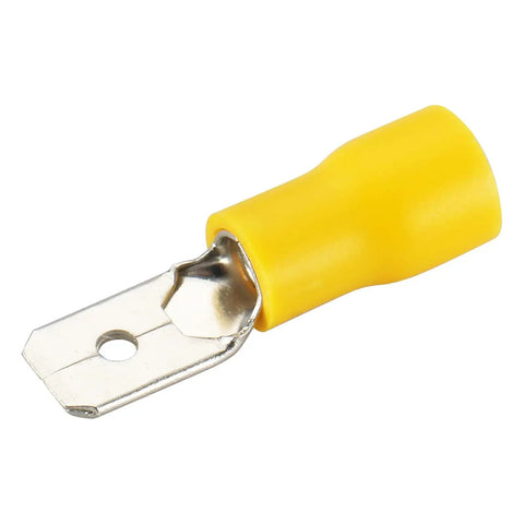 Close-up of 1/4 Inch Yellow Vinyl Insulated Quick Disconnect Spade Wire Connector for 12-10 AWG Cables, 6.3mm Crimp Terminal