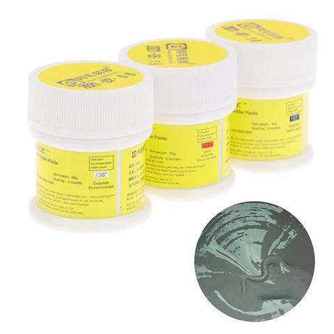 Flux Solder Paste For Mobile Phone Repair Sn63 Pd37 Alloy With Silver Content in 50g containers, close-up of smooth paste.