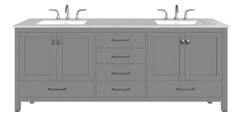 Kickstart Your Reno With This Legit 84 Inch Gray Double Sink Bathroom Vanity Featuring A Genuine White Carrara Top And Solid Wood Construction Plus Premium Brushed Nickel Hardware, front view.
