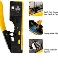 All In One RJ45 Pass Through Crimp Tool For Cat5e Cat6 Cat6a Data Cables Built In Wire Stripper And Cutter Includes 20 Replacement Blades Pro Grade For STP And UTP Cabling Yellow showing features and parts.
