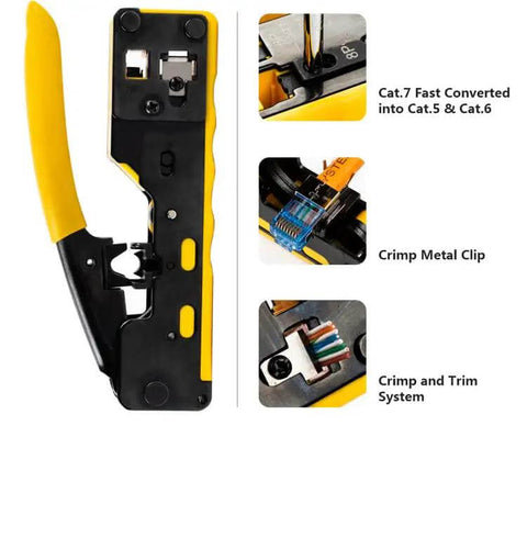 All In One RJ45 Pass Through Crimp Tool For Cat5e Cat6 Cat6a Data Cables Built In Wire Stripper And Cutter Includes 20 Replacement Blades Pro Grade For STP And UTP Cabling Yellow showing features and parts.