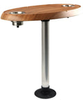 Top Shelf Oval Pontoon Boat Table Package featuring heavy duty aluminum pedestal stand and stainless steel drink holders.