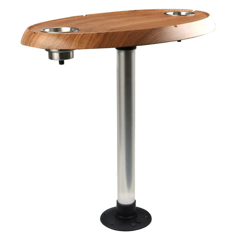 Top Shelf Oval Pontoon Boat Table Package featuring heavy duty aluminum pedestal stand and stainless steel drink holders.