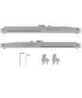 Brushed Nickel Sliding Barn Door Hardware Track Kit With Soft Close Heavy Duty Top Mounted Six Foot System, shown disassembled.