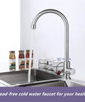 Straight Up Brushed Nickel Cold Water Faucet Single Handle Single Hole Setup For Kitchen Or Outdoor Use Built Heavy Duty With Lead Free Stainless Steel And Extended Threaded Rod For Hassle Free Install pouring water over a stainless steel sink.