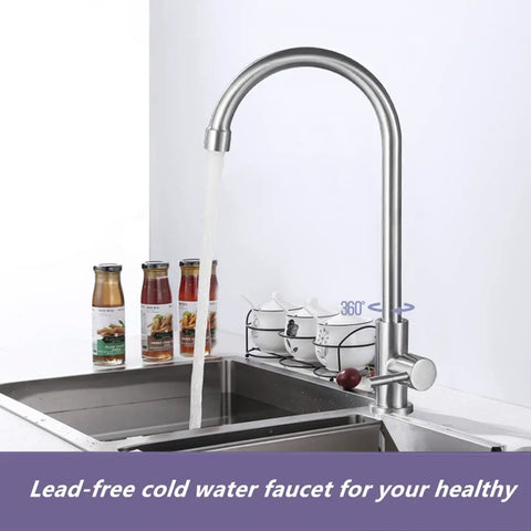Straight Up Brushed Nickel Cold Water Faucet Single Handle Single Hole Setup For Kitchen Or Outdoor Use Built Heavy Duty With Lead Free Stainless Steel And Extended Threaded Rod For Hassle Free Install pouring water over a stainless steel sink.