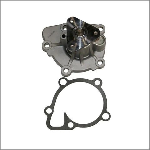 Top Grade Engine Water Pump Keeps Your Dodge Journey And Caliber Cooling System Running Slick Without Breaking A Sweat While Cruising Smooth On Long Drives, silver metal construction with gasket on white background.