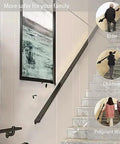 Rock Solid Black Metal Wrought Iron Stair Railing With Modern Wall Mount Handrail For Indoor And Outdoor Use Hella Tough Banister shown aiding elderly, children, and pregnant woman.