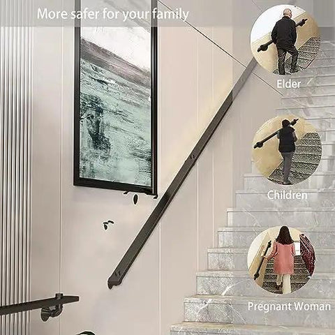 Rock Solid Black Metal Wrought Iron Stair Railing With Modern Wall Mount Handrail For Indoor And Outdoor Use Hella Tough Banister shown aiding elderly, children, and pregnant woman.