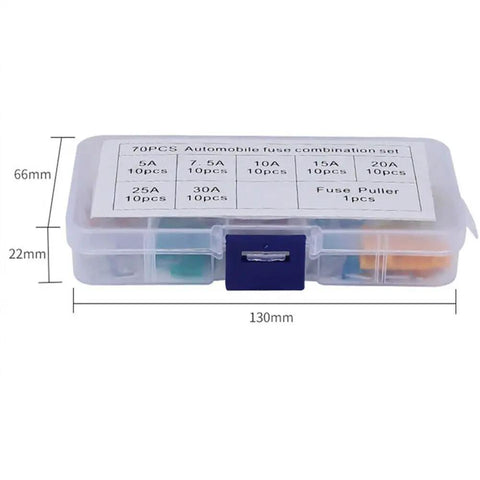 70 Piece Automotive Fuse Assortment Kit with Mixed 5 Amp 7.5 Amp 10 Amp 15 Amp 20 Amp 25 Amp and 30 Amp Blade Fuses in case