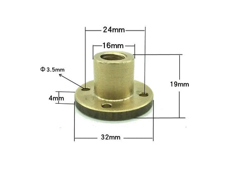 T10 Brass Lead Screw Nut With Acme Thread And 2mm Pitch For 3D Printer And CNC Machine Z Axis showing dimensions and structure.