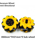 Yellow mecanum wheel set for robot cars with nine sub-wheels, 60mm diameter, omni-directional design