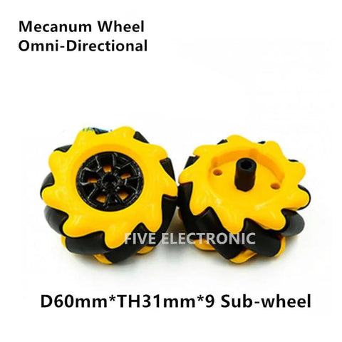 Yellow mecanum wheel set for robot cars with nine sub-wheels, 60mm diameter, omni-directional design