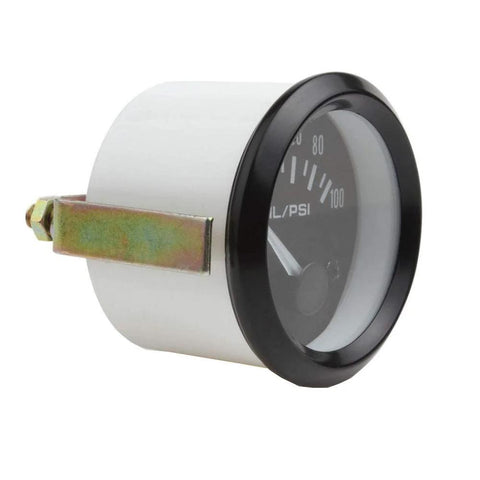 Oil pressure gauge, 52mm (2"), white dial with black bezel, front view.